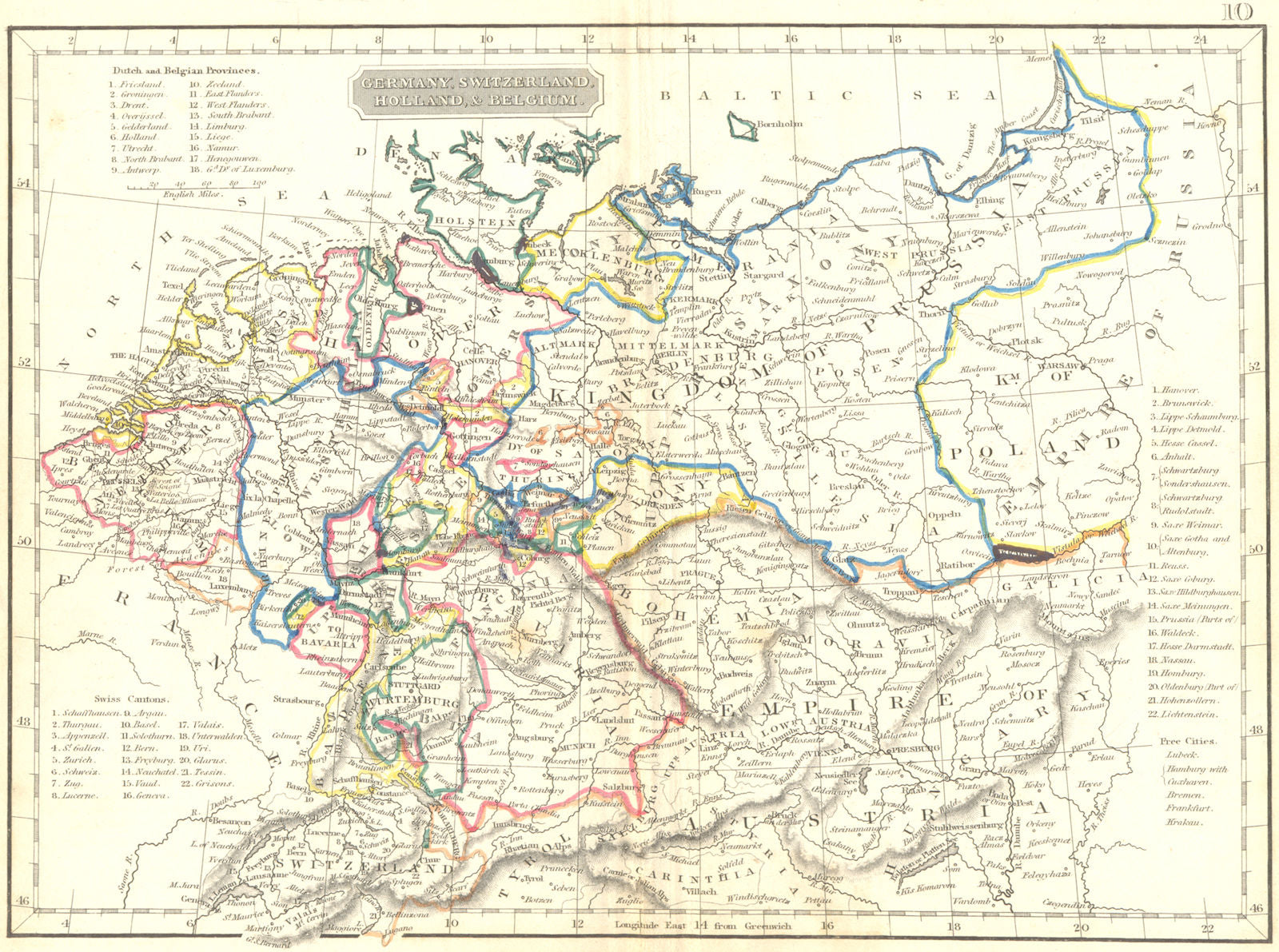 GERMANY, SWITZERLAND, HOLLAND BELGIUM. Arrowsmith 1832 old antique map chart
